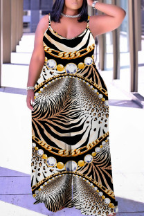 Golden Brown Casual Leopard Print Backless Spaghetti Strap Plus Size Jumpsuits