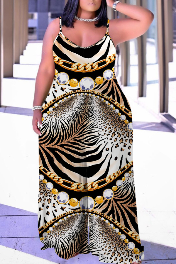Golden Brown Casual Leopard Print Backless Spaghetti Strap Plus Size Jumpsuits