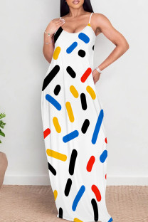 Yellow And Blue Sexy Print Patchwork Backless Spaghetti Strap Sling Dresses