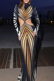Black Elegant Stripe Patchwork Backless Turtleneck Long Dresses