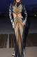 Black Elegant Stripe Patchwork Backless Turtleneck Long Dresses