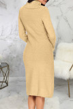 Khaki Elegant Solid Color Patchwork Turtleneck Straight Dresses