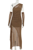 Khaki Sexy Solid Color Patchwork High Slit Oblique Collar Long Dresses(With Sleeves)