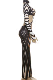 Black Elegant Stripe Patchwork Backless Turtleneck Long Dresses