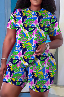 Turquoise Casual Print Basic O Neck Short Sleeve Two Pieces