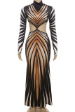 Black Elegant Stripe Patchwork Backless Turtleneck Long Dresses