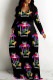 Black Casual Street Floral Print Gradient Pocket Contrast V Neck Printed Dresses