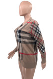 Light Brown Street Plaid Buckle Patchwork V Neck Tops