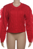 Red Casual Solid Color Fringed Trim Patchwork O Neck Tops