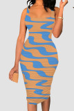 Gray Blue Sexy Print Patchwork Square Neck Wrapped Skirt Dresses