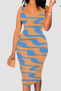 Blue Yellow Sexy Print Patchwork Square Neck Wrapped Skirt Dresses