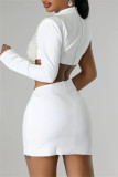 White Casual Solid Color Hollow Out Pearls Decor Half A Turtleneck Wrapped Skirt Dresses