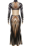 Black Elegant Stripe Patchwork Backless Turtleneck Long Dresses