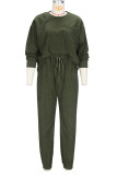 Ink Green Casual Solid Color Draw String Pocket Patchwork O Neck Long Sleeve Two Pieces