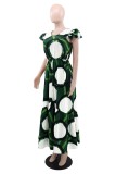 Green Casual Print Slit O Neck Long Dresses