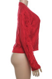 Red Casual Solid Color Fringed Trim Patchwork O Neck Tops