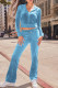 Sky Blue Casual Solid Color Draw String Patchwork Zipper Zipper Collar Long Sleeve Two Pieces