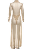 Skin Color Sexy Solid Color Patchwork Turtleneck Long Dresses