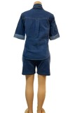 Blue Casual Patchwork Pocket Turndown Collar Short Sleeve Two Pieces