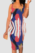 Blue Red Sexy Print Patchwork Square Neck Wrapped Skirt Dresses
