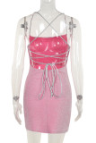 Pink Sexy Solid Color Patchwork Backless Cross Straps Spaghetti Strap Sling Dresses
