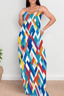 Blue Sexy Print Patchwork Backless Spaghetti Strap Sling Dresses