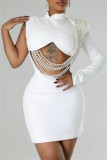 White Casual Solid Color Hollow Out Pearls Decor Half A Turtleneck Wrapped Skirt Dresses