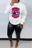 White Casual Daily Lips Print Letters O Neck Tops