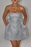 Silver Sexy Solid Color Patchwork Bow Decor Strapless Evening Dresses