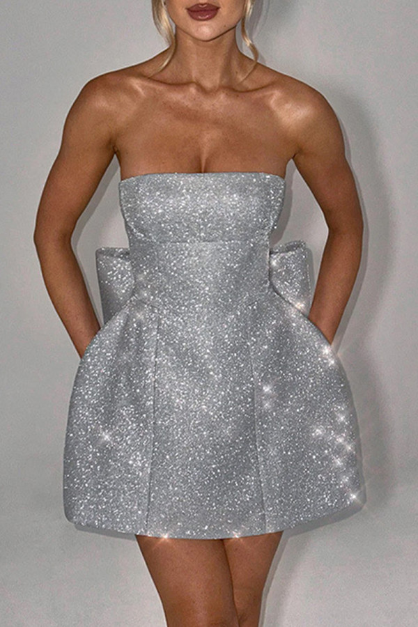 Silver Sexy Solid Color Patchwork Bow Decor Strapless Evening Dresses