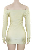 Champagne Sexy Solid Color Patchwork Ruched Off Shoulder Wrapped Skirt Dresses