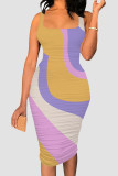 Gray Blue Sexy Print Patchwork Square Neck Wrapped Skirt Dresses