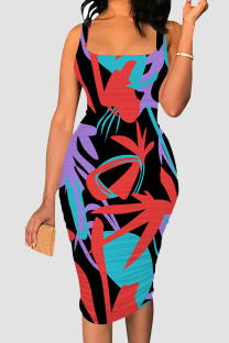Red Blue Sexy Print Patchwork Square Neck Wrapped Skirt Dresses