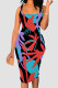 Red Blue Sexy Print Patchwork Square Neck Wrapped Skirt Dresses