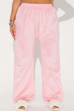 Pink Casual Patchwork Loose Mid Waist Wide Leg Patchwork Bottoms