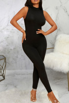 Black Casual Solid Color Patchwork O Neck Skinny Jumpsuits