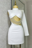 White Casual Solid Color Hollow Out Pearls Decor Half A Turtleneck Wrapped Skirt Dresses