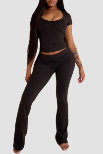 Black Casual Solid Color Patchwork U Neck Short Sleeve Two Pieces
