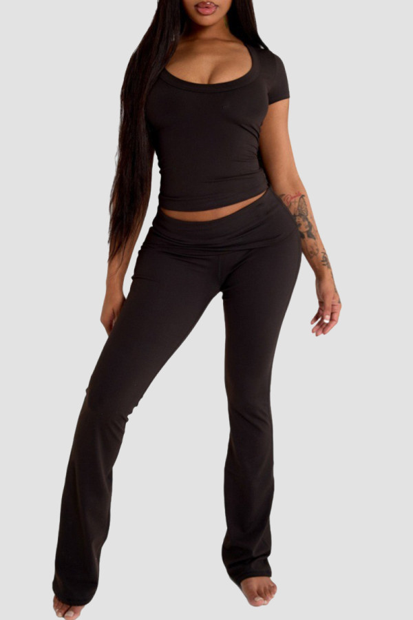 Black Casual Solid Color Patchwork U Neck Short Sleeve Two Pieces