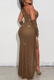 Khaki Sexy Solid Color Patchwork High Slit Oblique Collar Long Dresses(With Sleeves)