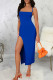 Blue Elegant Solid Color Patchwork Backless Cross Straps Spaghetti Strap Sling Dresses