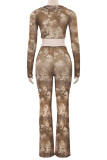 Brown Casual Print Patchwork Strap Design V Neck Long Sleeve Two Pieces