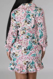 Pink Elegant Print Lace Buckle Patchwork With Belt Turndown Collar Wrapped Skirt Dresses