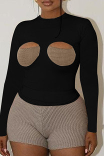 Black Casual Solid Color Hollow Out Patchwork O Neck Tops