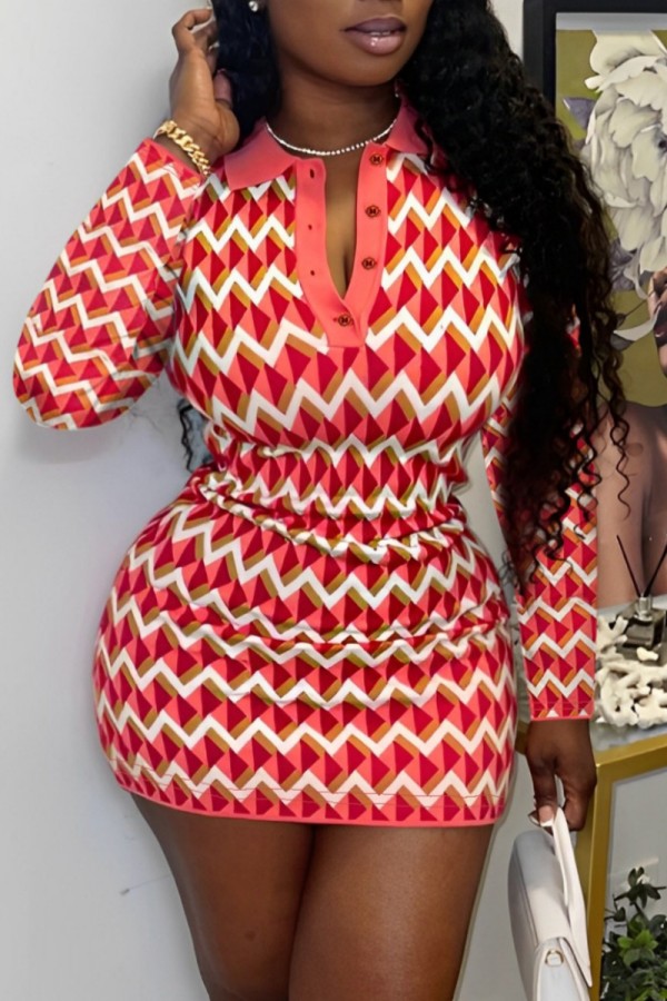 Red Casual Print Buttons Turndown Collar Long Sleeve Dresses