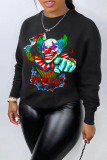 Black Casual Daily Cartoon Print O Neck Tops