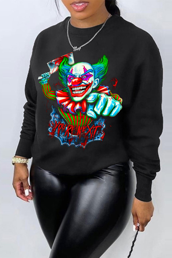 Black Casual Daily Cartoon Print O Neck Tops