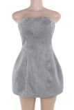 Silver Sexy Solid Color Patchwork Bow Decor Strapless Evening Dresses