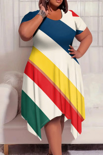 Red Yellow Casual Print Patchwork O Neck Irregular Plus Size Dresses