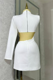White Casual Solid Color Hollow Out Pearls Decor Half A Turtleneck Wrapped Skirt Dresses